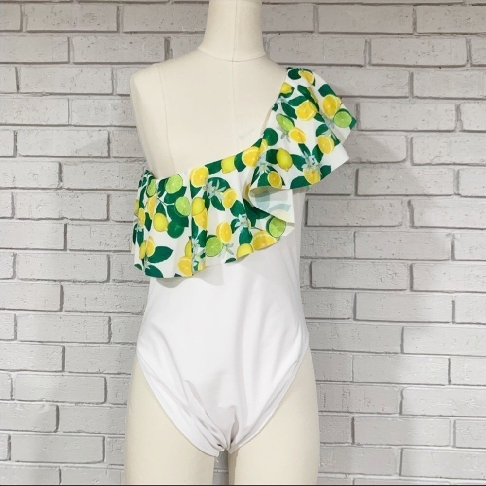 Brave Soul Citrus Print One Shoulder Ruffle One Piece Swimsuit‎ Lemon Lime | L